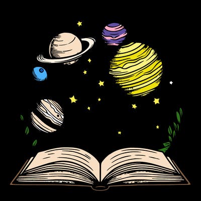 planets and stars flows out from the book, children drawing, clean, simple, uncomplicated, circle tatoo desing