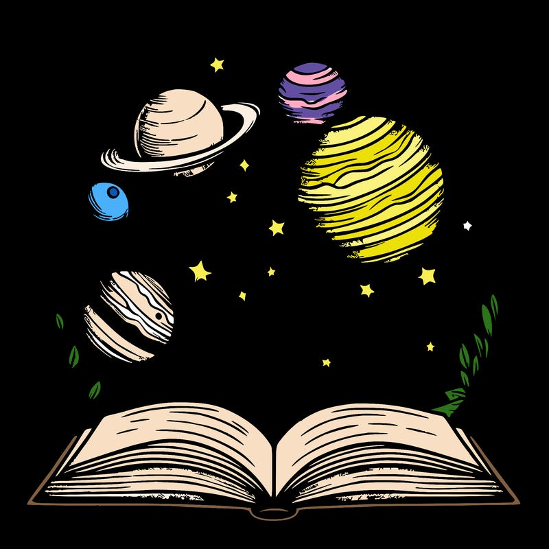 planets and stars flows out from the book, children drawing, clean, simple, uncomplicated, circle tatoo desing