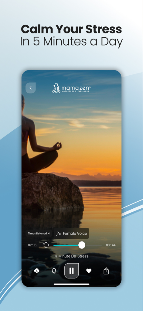 Tela do aplicativo MamaZen mostrando uma sessão de áudio de desestresse de 4 minutos com uma mulher meditando ao pôr do sol à beira de um lago