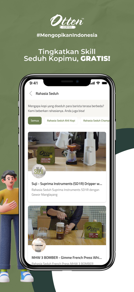 Schnittstelle der Otten Coffee Mobil-App mit kostenlosen Video-Tutorials für verschiedene Kaffee-Methoden.