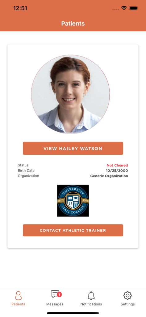 Healthy Roster - Healthy Roster app screen displaying a student athlete profile with options to contact an athletic trainer