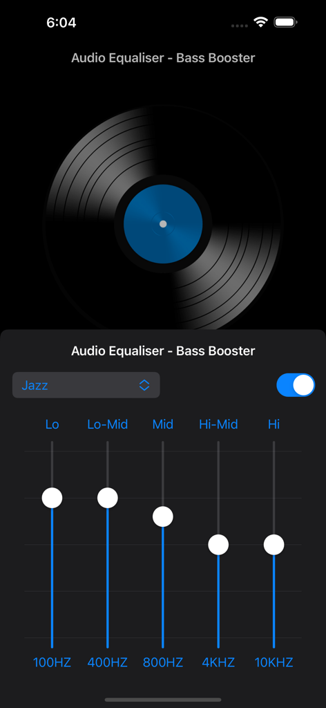 Audio Equaliser - Audio Equaliser app showing a five band slider interface for music frequency adjustment