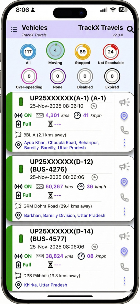 Track-X - Track-X App Dashboard mit Echtzeit-Fahrzeugstatusübersicht und detaillierten Tracking-Karten für eine Flotte.