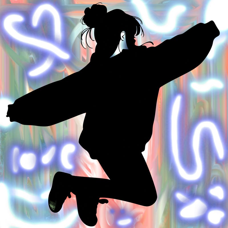 realistic girl jumping with a bun and oversized sweatshirt