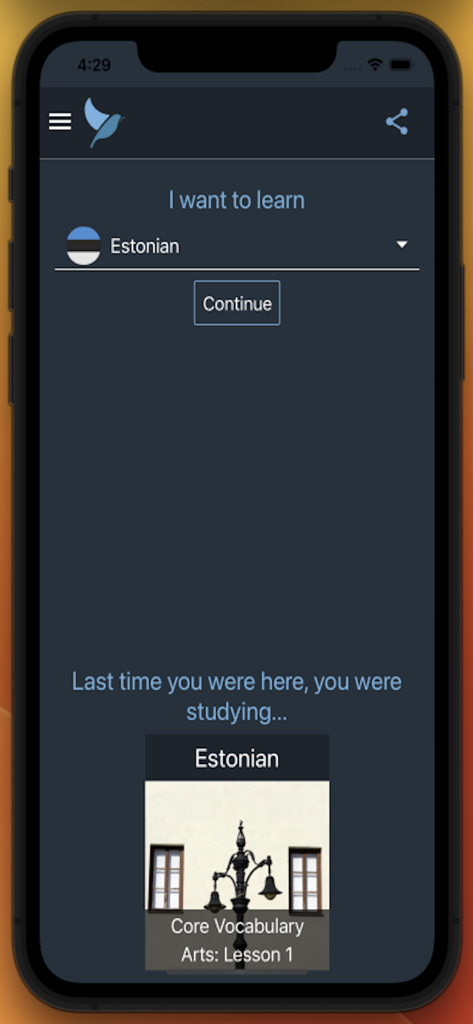 Bluebird: Learn Estonian - Schermata principale dell'app Bluebird che mostra i progressi attuali in una lezione di vocabolario di base estone.