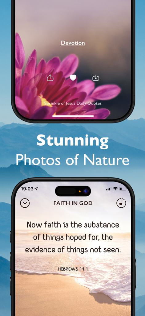 Sprinkle of Jesus app showcasing bible verses over nature photography