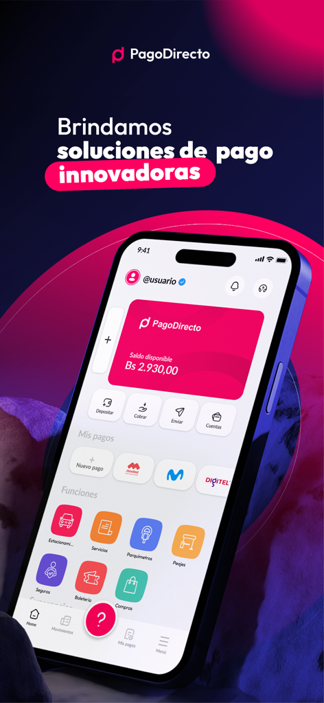 PagoDirecto - Panel de la aplicación móvil PagoDirecto que muestra el saldo de una billetera digital e iconos para servicios de estacionamiento y pago