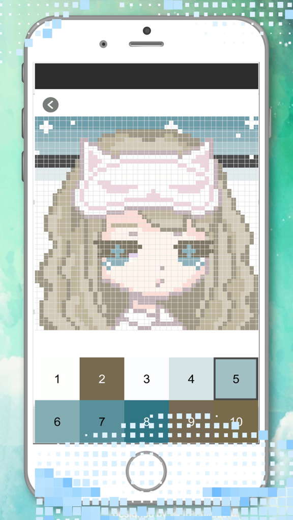 Color Pixel: Drawing By Number - A pixel art drawing of a girl with a cat sleep mask being colored by number in the app interface