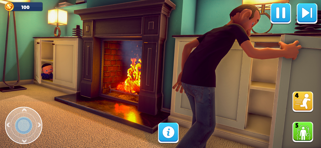 Hide And Seek: Find Daddy Game - A baby hiding in a white cabinet while a man searches the living room in a hide and seek game.