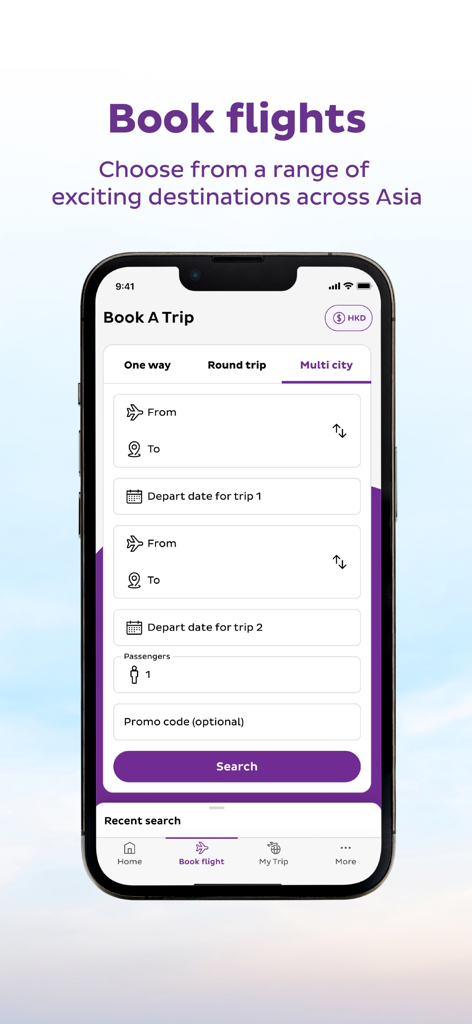 HK Express mobile app screen for booking multi-city flights in Asia