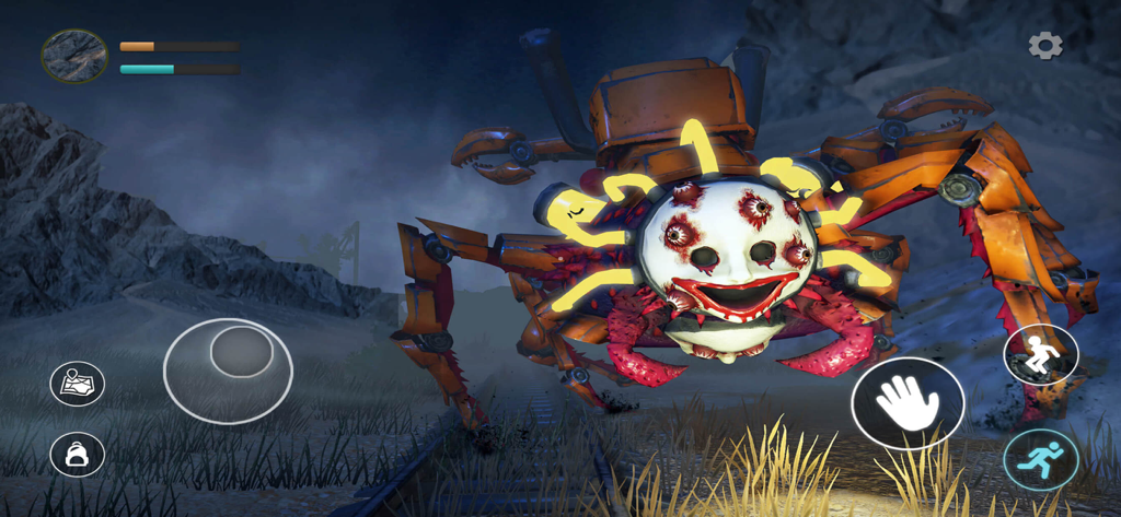 Charles Train - A terrifying spider-train monster with a creepy white face and many eyes chasing the player on a railway track