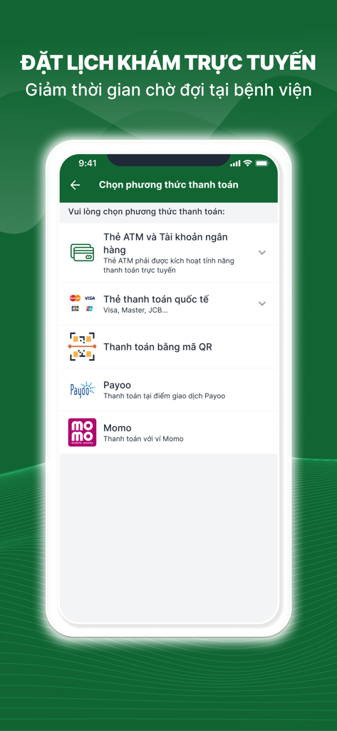 BV Lê Văn Thịnh - Payment selection screen in the BV Le Van Thinh hospital app showing options for international cards and local Vietnamese digital wallets.