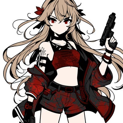 bad girl wearing crop top holding a gun long hair anime