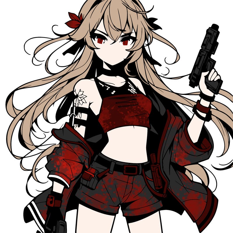 bad girl wearing crop top holding a gun long hair anime