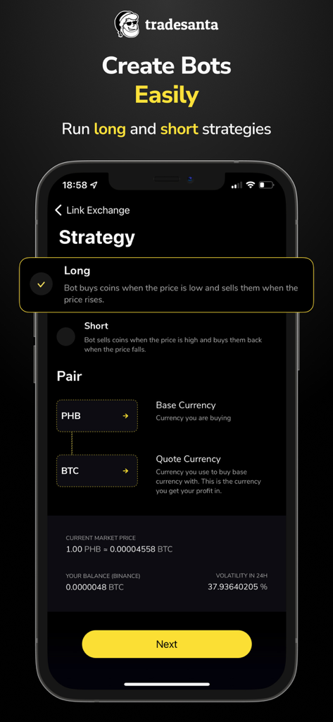 TradeSanta: Crypto Trading Bot - TradeSanta mobile app screen for choosing a long or short trading strategy