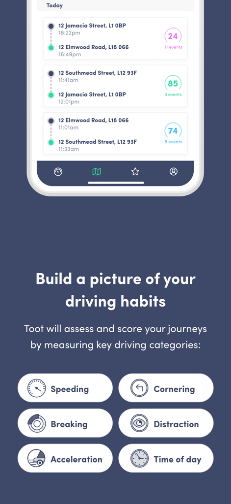 toot - safer driving - toot 앱 인터페이스에 운전 여정 점수와 안전 카테고리가 표시됩니다.