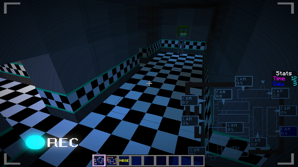 Security camera view of a blocky pizzeria hallway with a checkered floor and map interface