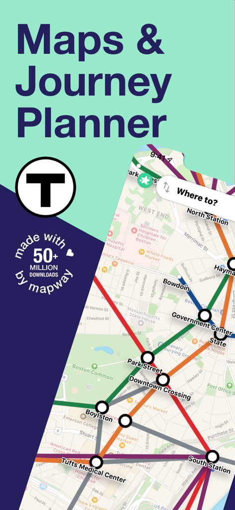 Boston T Subway Map & Routing - Boston T Subway Map app interface with a colorful MBTA rail map and journey planner