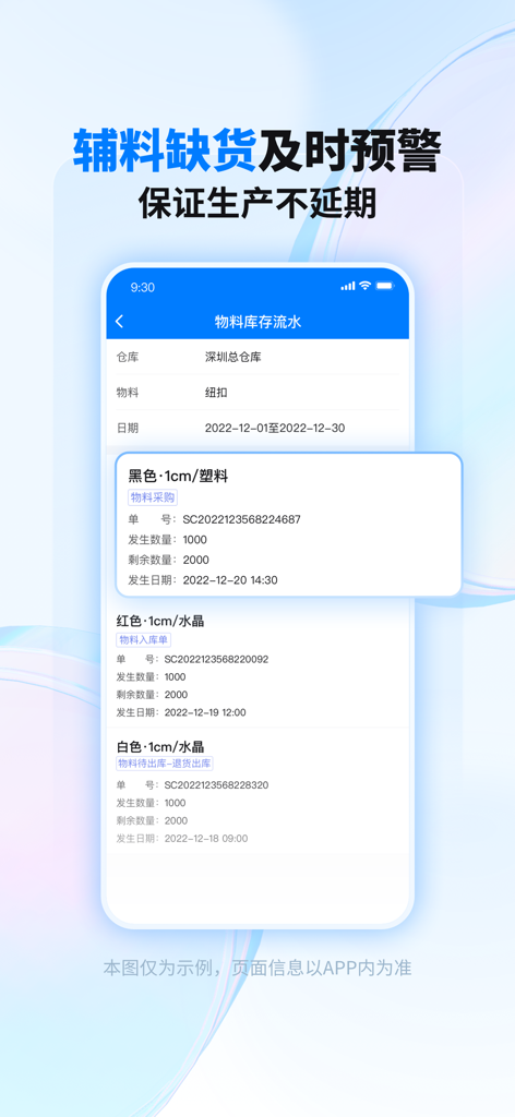 秦丝生产供应链管理 - A screenshot of the Qinsilk ERP app showing material inventory flow and stock alerts for garment manufacturing.