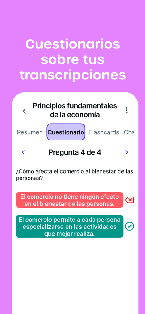 Anotamelo - Apuntes con IA - Interfaz de la aplicación Anotamelo mostrando un cuestionario interactivo generado por IA sobre economía