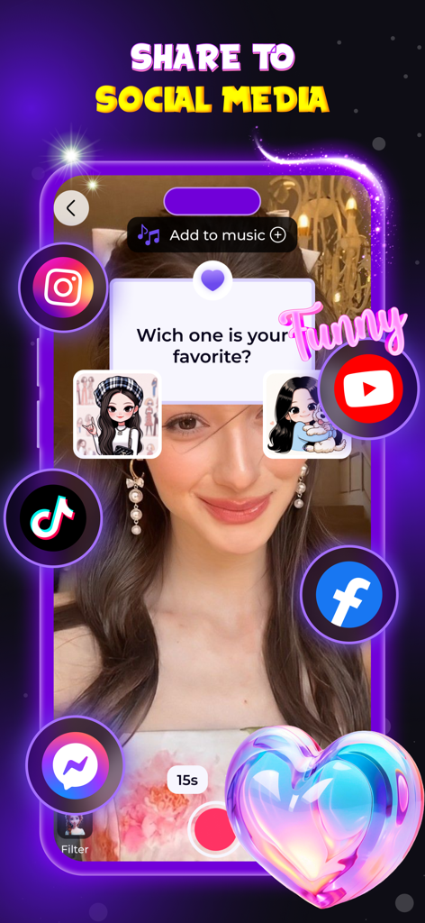 This or That: Funny Filter - Uma tela de aplicativo móvel mostrando uma mulher usando um filtro This or That com ícones de compartilhamento de mídia social para TikTok e Instagram