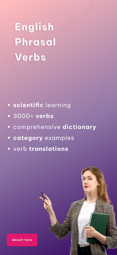 English Phrasal Verbs & Dict. - 영어 구동사 앱 소개 화면으로, 선생님과 과학적 학습 및 3000개 이상의 동사 학습 기능 목록이 표시됩니다.