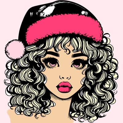 realistic girl with a santa hat curly hair and lips