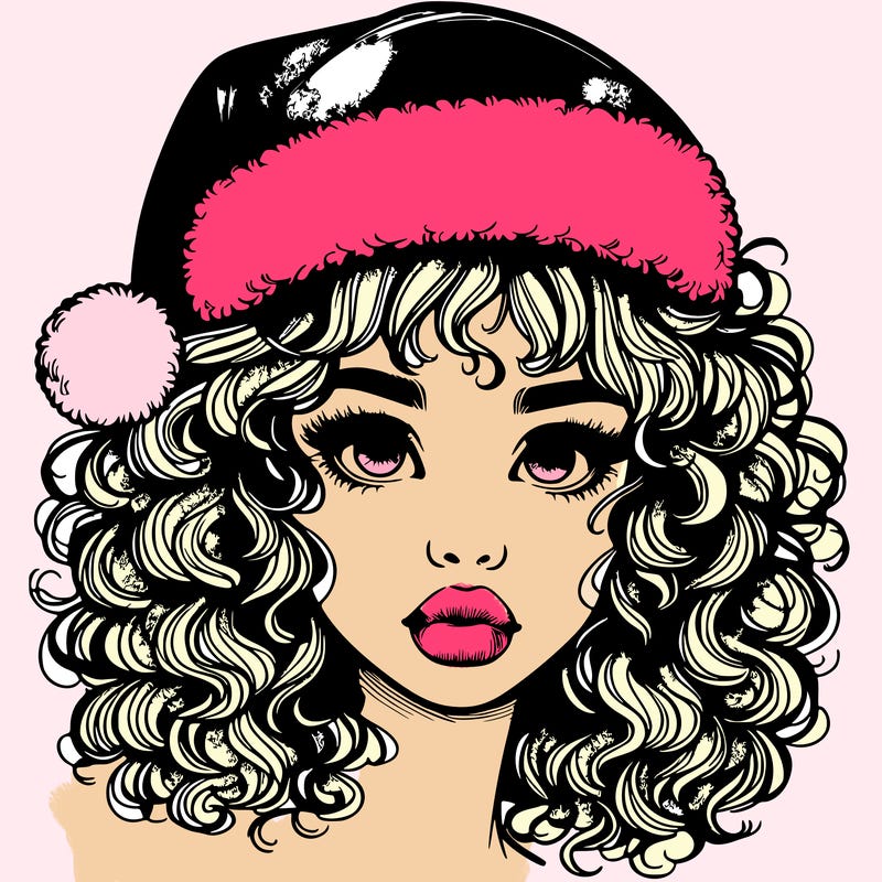realistic girl with a santa hat curly hair and lips