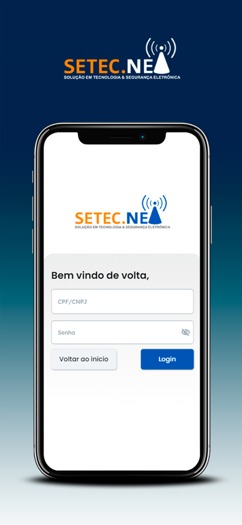 SETEC.NET - Tela de login do aplicativo de autoatendimento para provedor de internet SETEC.NET em português