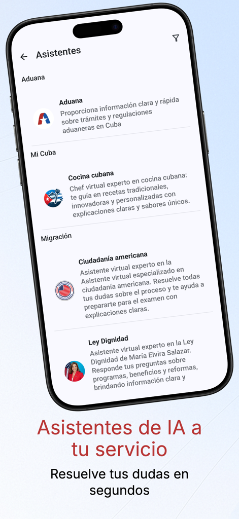 Neo Mambí - Neo Mambi App-Bildschirm mit verschiedenen KI-Assistenten für Zoll, kubanisches Kochen und Einwanderung