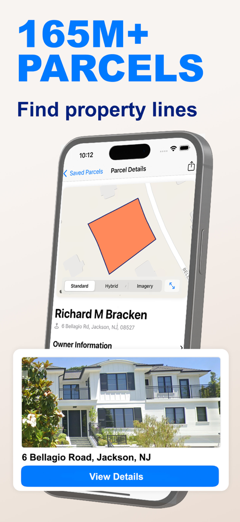 Property Survey GPS - Property Survey GPS mobile app interface showing property lines and parcel owner details for a house in New Jersey.