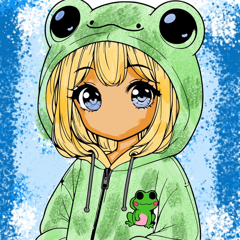 cute realistic girl in a froggy hoodie