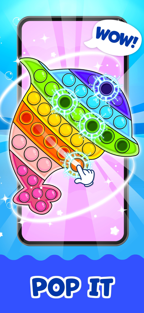 Ein buntes fischförmiges Pop-it-Spielzeug, das in einer Lern-App für Kleinkinder gespielt wird