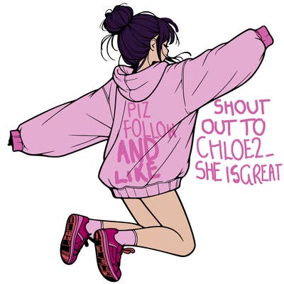 realistic girl jumping with a bun and oversized sweatshirt