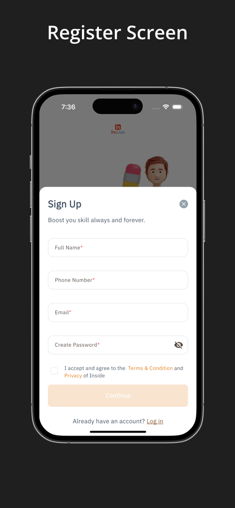 InClass KW - InClass KW app sign up screen showing a registration form with fields for name phone email and password
