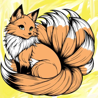 realistic detailed 9 tailed anime fox