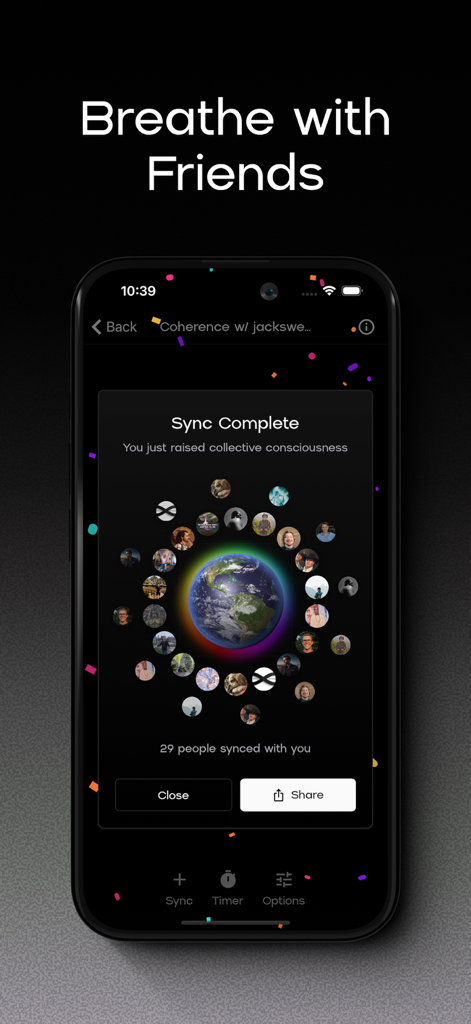 Interfaz de la aplicación Coherence que muestra una sesión de respiración grupal completada con 29 personas sincronizadas a nivel mundial