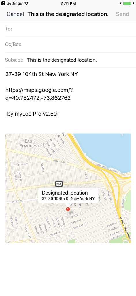 Screenshot of iLocation app sharing a New York address and Google Maps coordinate link via email.