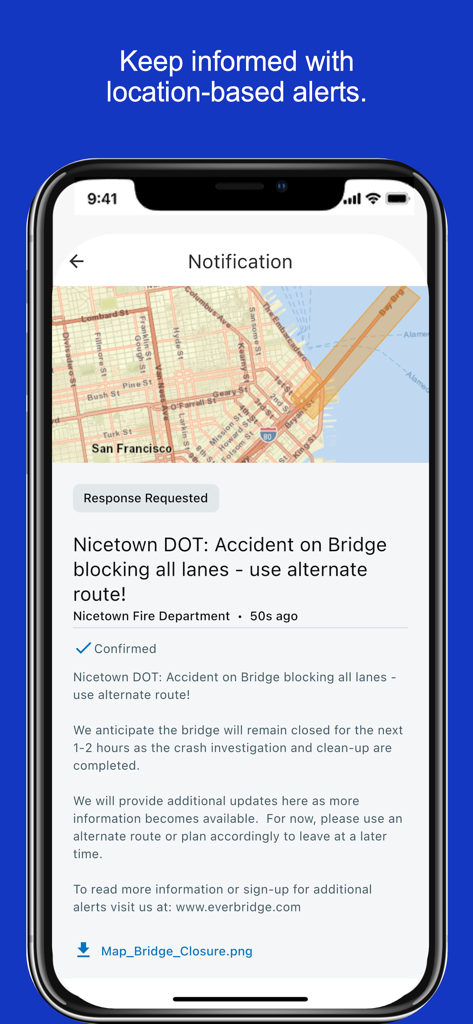 Smartphone screen showing a location-based emergency notification for a bridge closure and accident within the Public Safety by Everbridge app