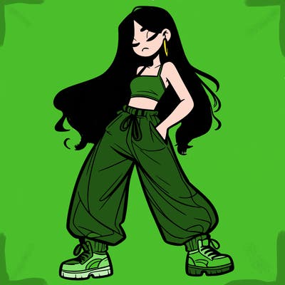 girl in baggy pants crop top and long hair