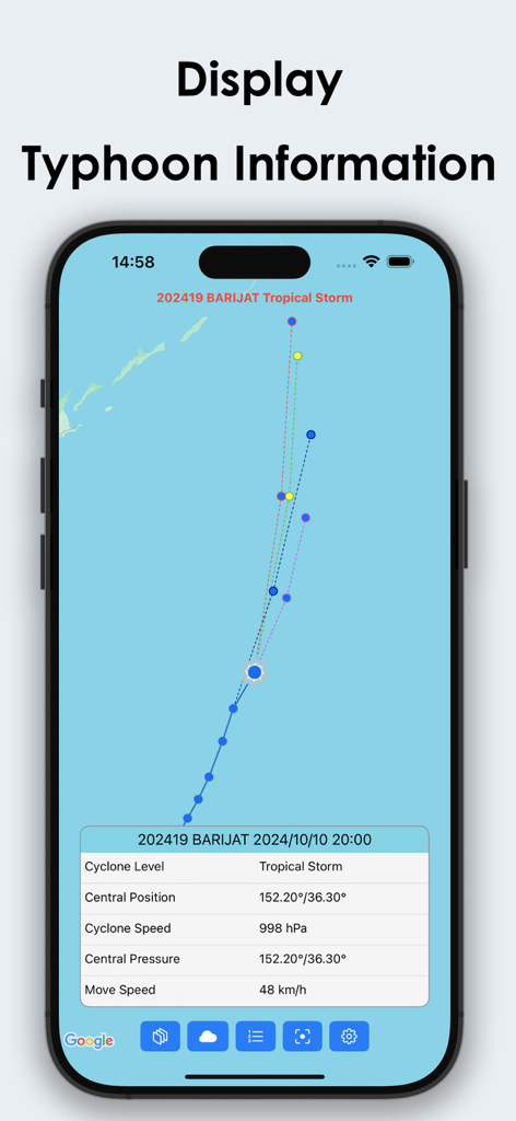 Typhoon Tracker - Real-time - Typhoon Tracker app showing a real time storm path and weather data
