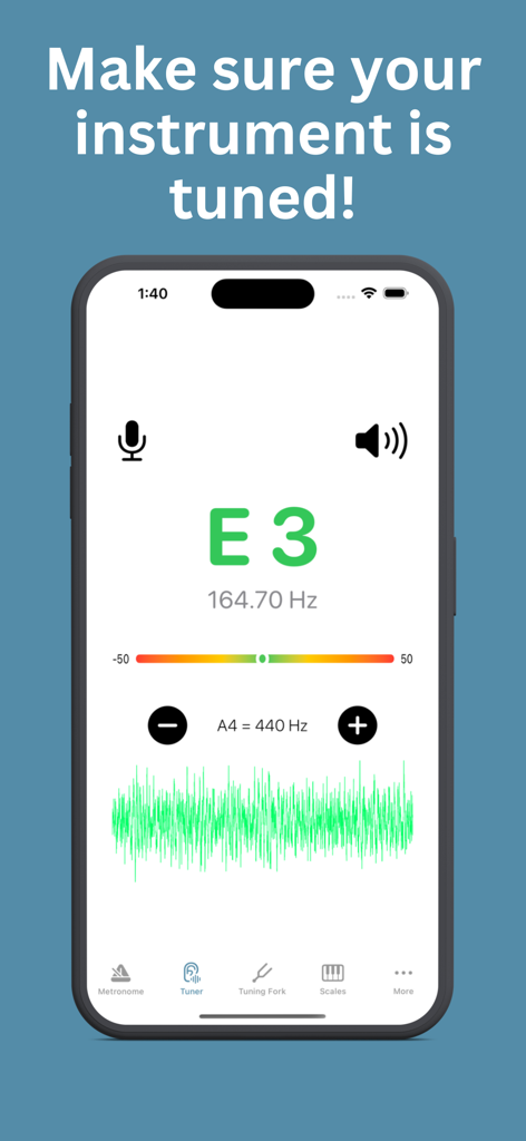 BeatTune - Tuner and Metronome - Interface do afinador de instrumentos digitais no aplicativo BeatTune mostrando a nota E3 e frequência