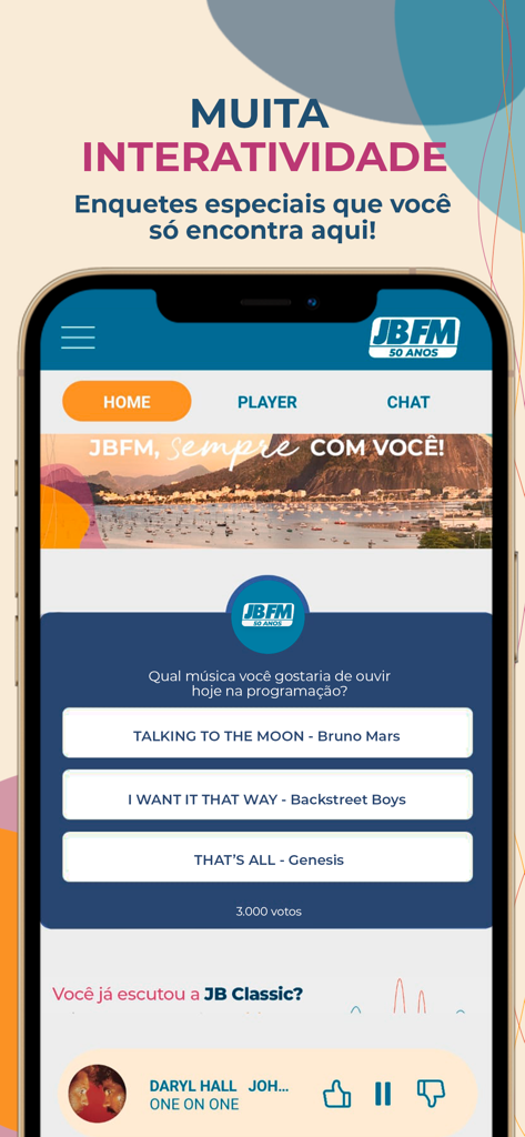 JB FM | 99.9 | RIO DE JANEIRO - JB FM radio app interface showing an interactive music poll for listeners to vote on songs