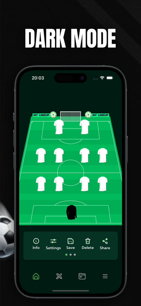 My Lineup - Lineup Builder - Soccer lineup builder app interface in dark mode showing a team formation on a green pitch.