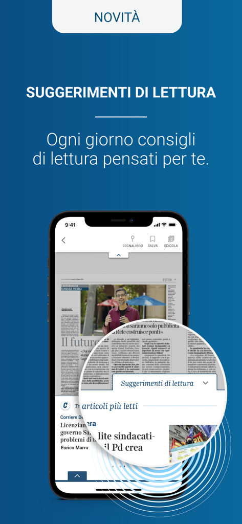 Interface do aplicativo Corriere della Sera Edicola em um iPhone mostrando um recurso de sugestões de leitura personalizadas.