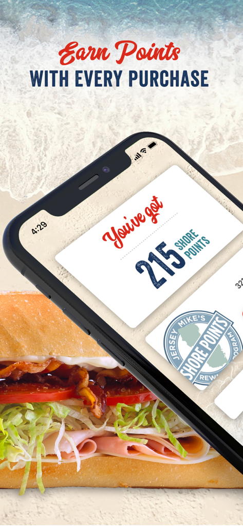 Jersey Mikes app interface showing Shore Points balance above a fresh sub sandwich.