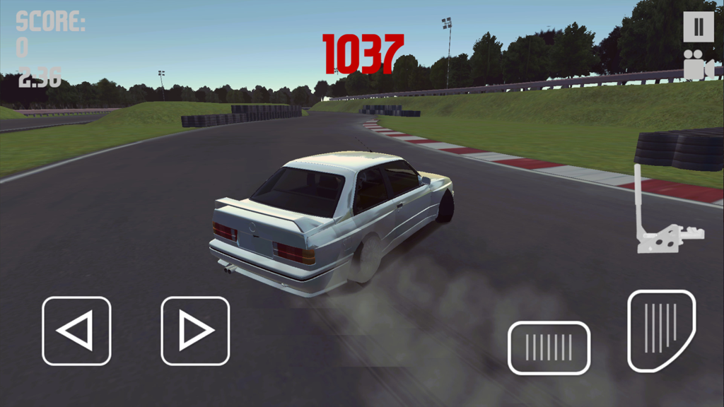 Um BMW E30 branco fazendo drift em uma pista de corrida no jogo móvel Bimmer Drifting 3