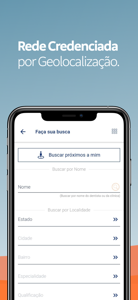 SulAmerica Odonto app interface for searching accredited dental networks by geolocation