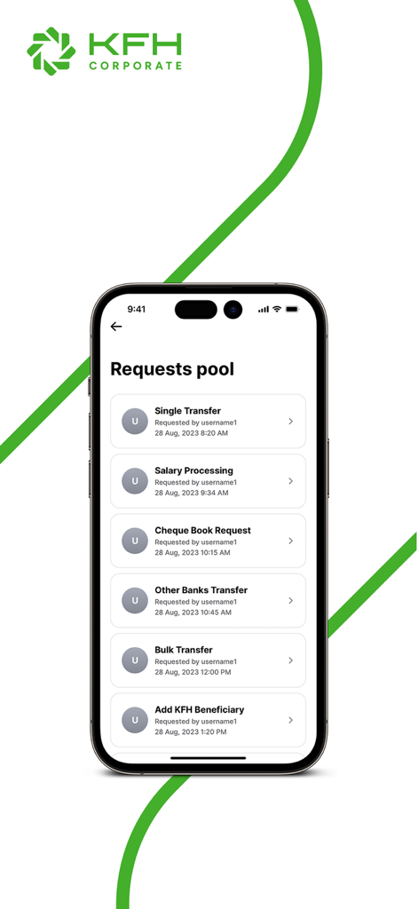 KFH Corporate - KFH Corporate app interface showing a list of pending financial authorization requests