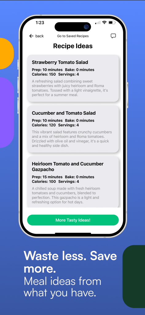 Rosey – Easy Dinner Ideas - Rosey app interface showing personalized dinner recipe ideas like salad and gazpacho to help reduce food waste.